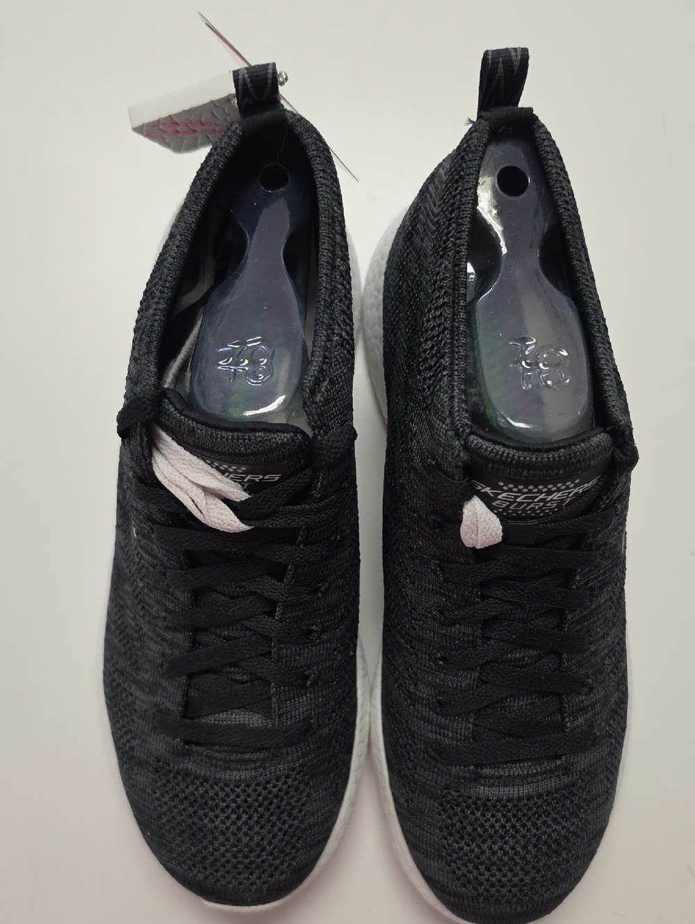 Brand New Womens Skechers Black Knit Athletic Sneakers with White Accents Sz 8.5